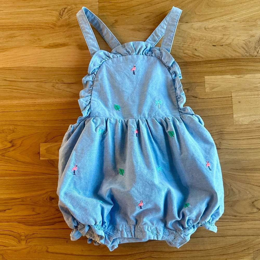 Janie and Jack Light Blue Embroidered Flamingo Bubble Overalls